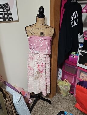 Maurices Pink and White Strapless Floral Ruffle Dress